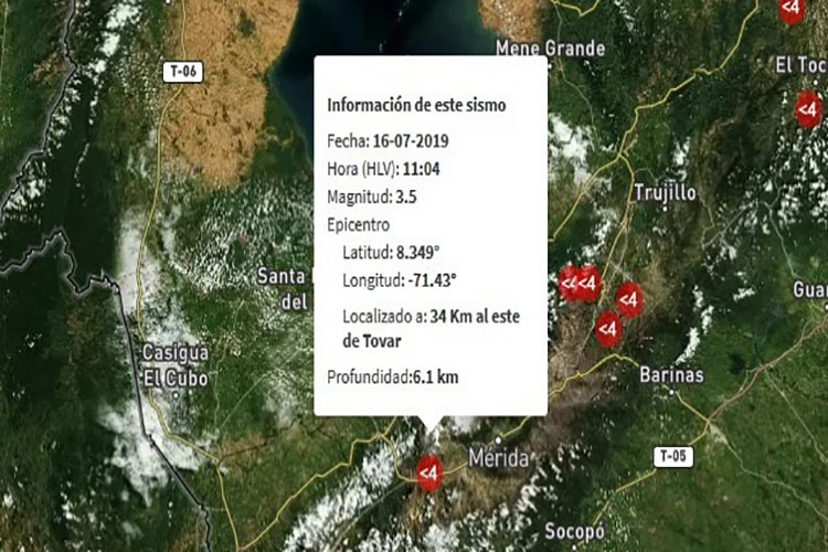 Se registró un sismo de 3.5 de magnitud al este de Tovar, Mérida