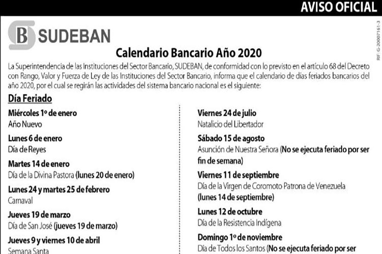 Este es el calendario de días no bancarios para el año 2020