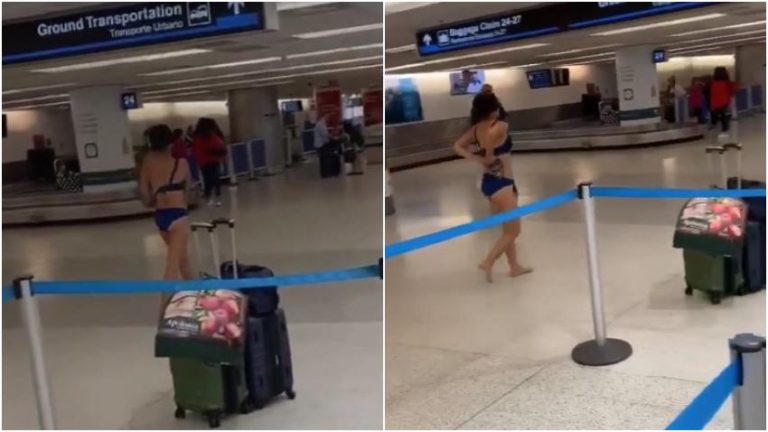 Una  mujer se quita la ropa en los pasillos del aeropuerto de Miami