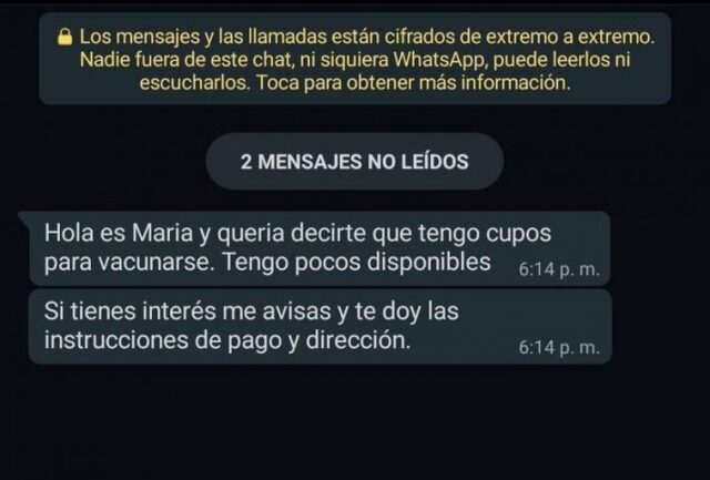 Ahora «Hola,soy María» vende vacuna contra el Covid-19 por WhatsApp
