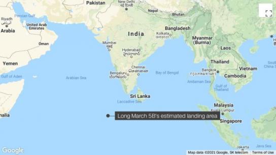 Los restos del cohete chino cayeron en el mar Arábigo, en el océano Índico