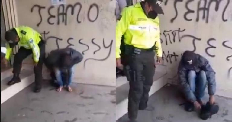 Policía ecuatoriano le regaló sus zapatos a un adolescente migrante (+video)