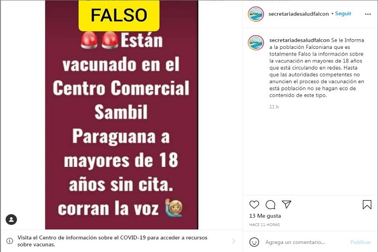 Desmienten vacunación a mayores de 18 años en el Sambil Paraguaná
