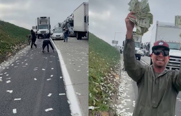 Puerta de camión blindado se abrió y lluvia de billetes desató el caos en autopista