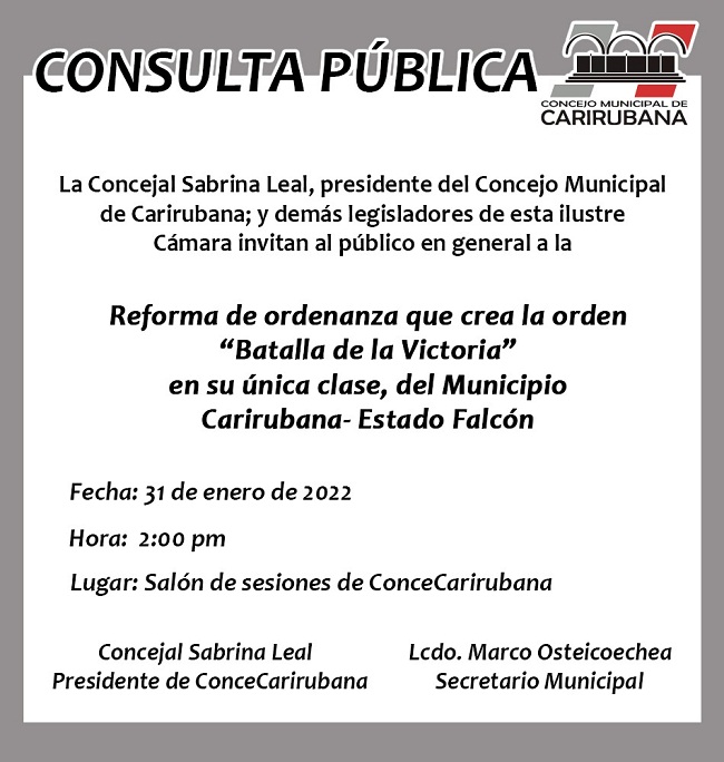 Concecarirubana invita a consulta pública para la Orden «Batalla de la Victoria»