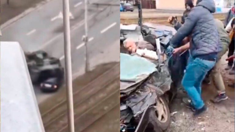 Video: Un tanque ruso aplastó un automóvil civil en Kiev y el conductor tuvo un milagroso rescate
