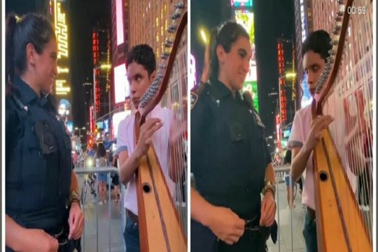 Músico venezolano deleitó a una oficial tocando arpa en Nueva York